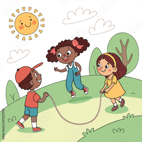 Playtime Paradise: Three children enjoy a lively game of jump rope. The playful scene features a beaming sun, adding warmth to this delightful outdoor activity.