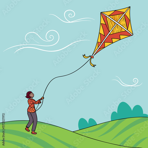 Soaring high: A person joyfully flies a colorful kite on a bright day, capturing the whimsical essence of outdoor leisure and playful amusement.
