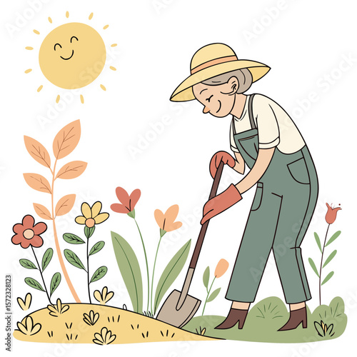 Gardener's Sunshine: A serene illustration of a woman tending her flourishing garden, bathed in the warm glow of a cheerful sun, celebrating the beauty of nature and the joy of cultivation.