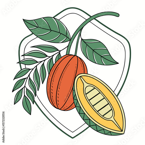 Tropical Fruit Illustration: A vibrant illustration of a tropical fruit, halved to reveal its juicy interior, adorned with lush green leaves.