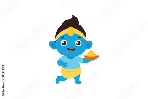 Baby Krishna stealing butter with smile adorable playful vector art illustration