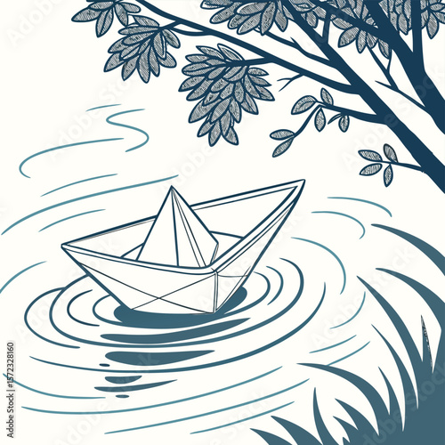 Paper Boat's Serene Voyage: A delicate paper boat, meticulously crafted, embarks on a tranquil journey across a calm body of water, embraced by nature's gentle touch.