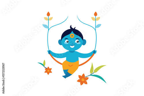 Baby Krishna swinging on floral jhula enchanting playful vector art illustration