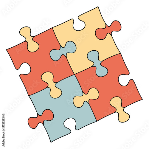 Puzzle Pieces Assembled: Four vibrant puzzle pieces interlock, showcasing unity and completeness, symbolizing problem-solving and the power of connection.