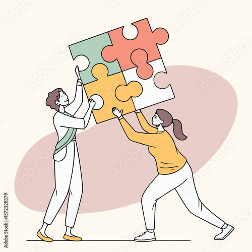 Teamwork and Collaboration: Two figures diligently join four puzzle pieces together. A dynamic illustration of working together to form a complete, cohesive whole.
