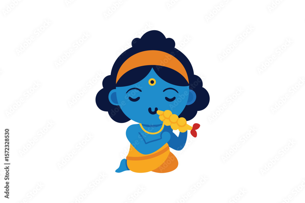 Fototapeta premium Child Krishna blowing conch shell sacred sound divine vector art illustration