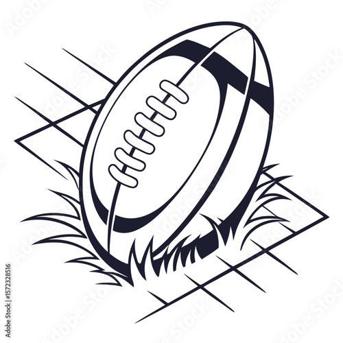Gridiron Essence: A dynamic monochromatic illustration of an American football resting atop a patch of grass amidst the stark, geometric lines of a field, capturing the essence of competitive sport.
