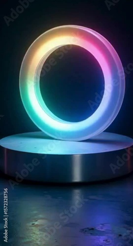 Abstract Neon Ring on a Metallic Pedestal with Reflective Surface and Dark Background for Presentations