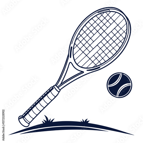Tennis Essentials: Minimalist line art depiction of a tennis racket and ball, symbolizing the core elements of the sport.