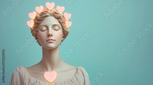 Ethereal Statue with Glowing Hearts for a Dreamy and Romantic Aesthetic Theme