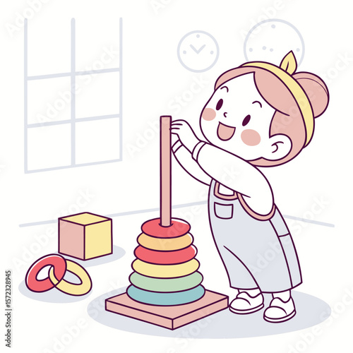 Playful Stacking: A charming illustration showcases a young child engrossed in stacking colorful rings onto a central wooden post, exploring their cognitive abilities. 