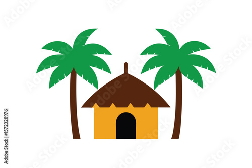 Ethnic tribal hut with coconut trees cultural dwelling vector art illustration