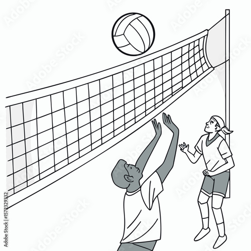 Volleyball Players in Action: Two individuals engage in a dynamic volleyball match, the ball soaring over the net in a monochromatic display of athleticism and teamwork.