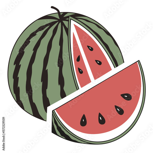 Sliced Watermelon Vector Illustration: A vibrantly sliced watermelon with seeds in vector format presents a refreshing depiction of summer's sweetest treat.