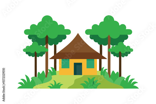 Jungle hut surrounded by trees rustic wilderness home vector art illustration