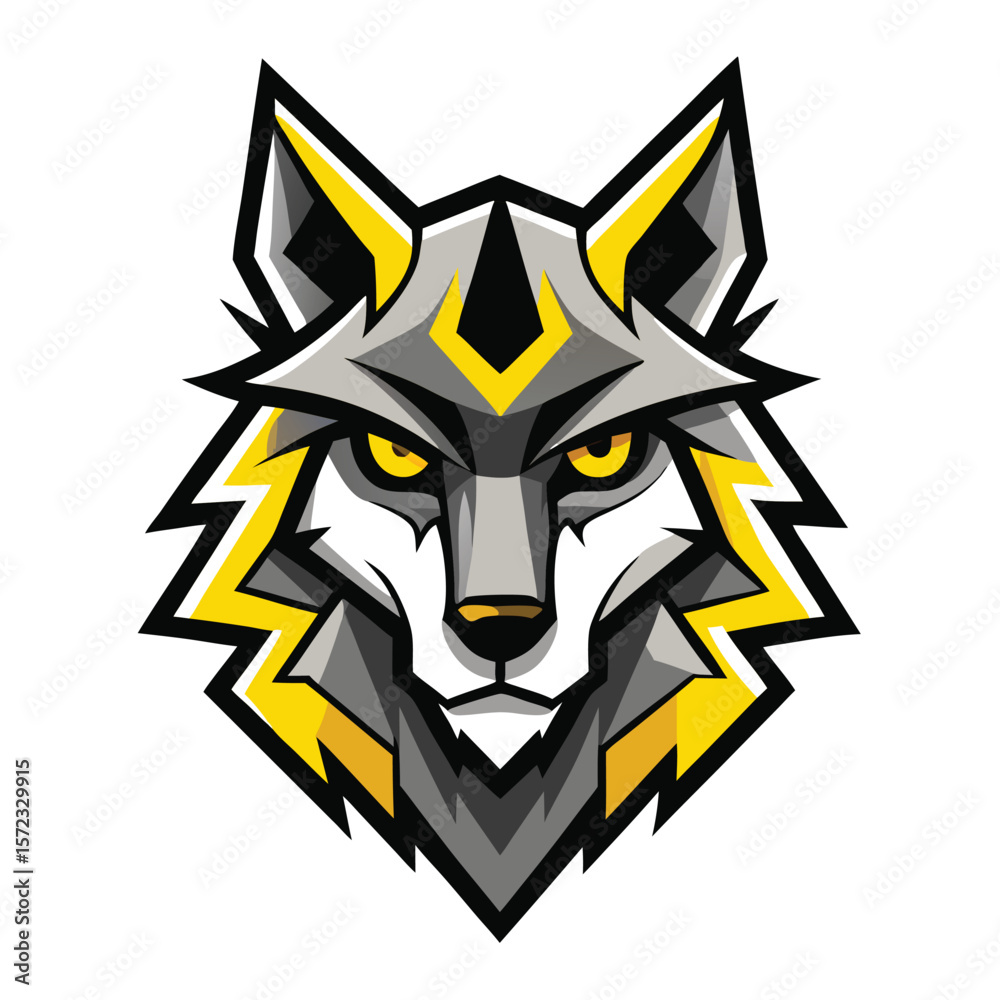 Fototapeta premium An abstract wolf head stares intensely with yellow eyes on a white backdrop