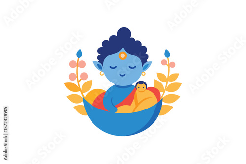 Krishna in cradle with floral decorations serene infancy vector art illustration