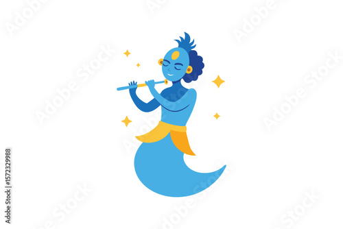 Krishna in flute pose with moon and stars mystical divine vector art illustration