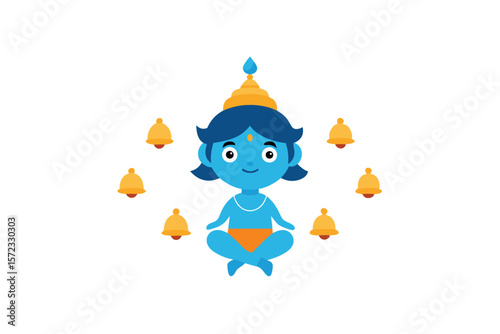 Little Krishna surrounded by temple bells sacred environment vector art illustration