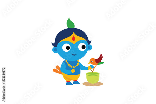 Little Krishna with butter pot and parrots playful scene vector art illustration