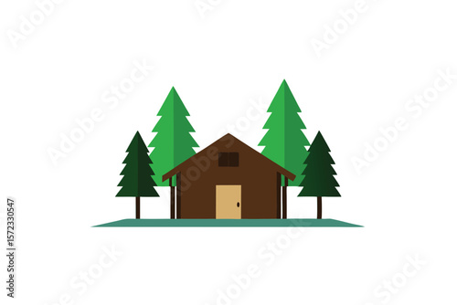 Minimalist hut and pine trees peaceful nature dwelling vector art illustration