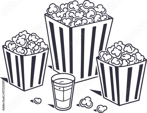 Vector art of a classic movie snack popcorn and a drink, perfect for a cinematic experience
