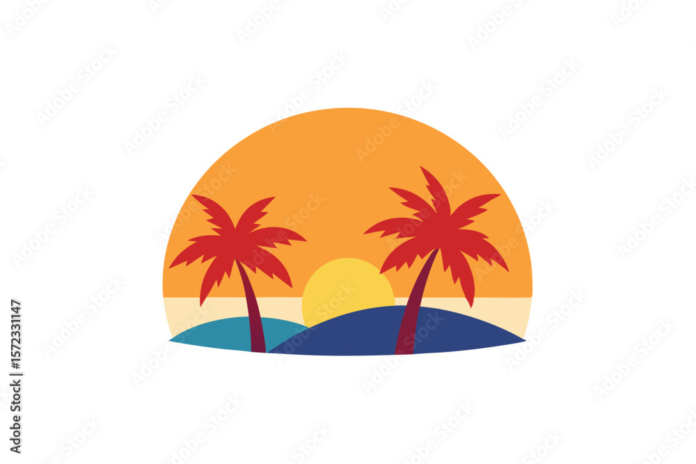 Soft brush sunset with tropical trees artistic tranquility vector art illustration