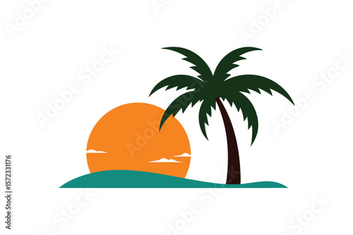 Sunset and coconut grove vector tropical evening vector art illustration