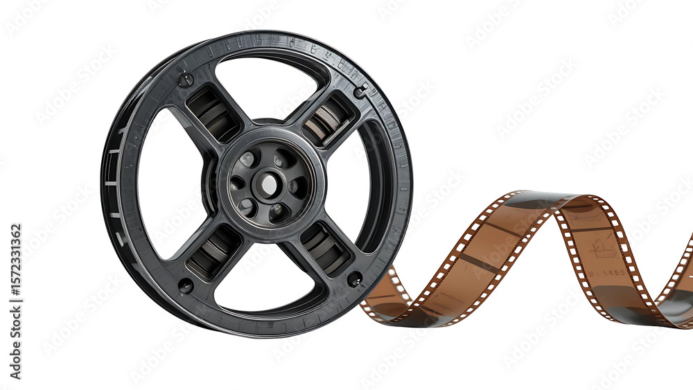 Obraz premium Film reel vintage movie filmstrip cinema old retro entertainment industry photography studio equipment on transparent background