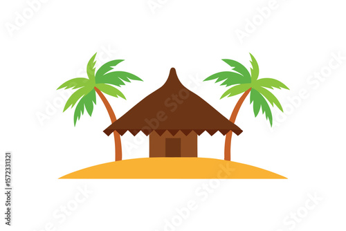 Thatched roof hut with palm trees rustic island home vector art illustration