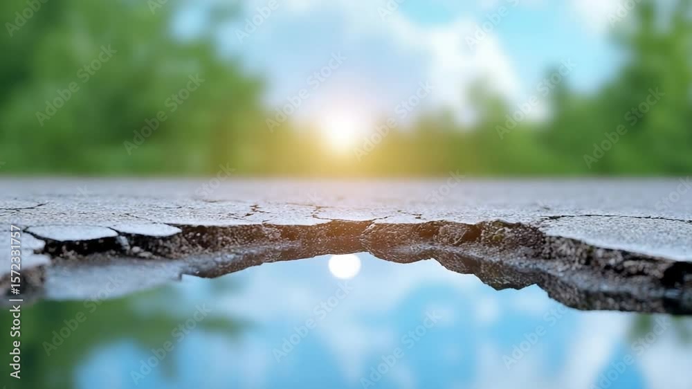 Puddle Reflection After Rain: A sun reflects in puddle after rain. The sky and trees mirroring in a puddle after a storm.