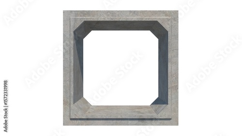 3D image of a 200cm x 200cm x 120cm gray concrete box culvert from a front view, features a textured surface and a square opening, isolated against a white set, defining a precast drainage component