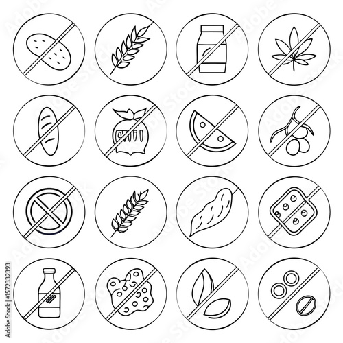 Illustration of sixteen round icons with a line through them representing various allergens and dietary restrictions