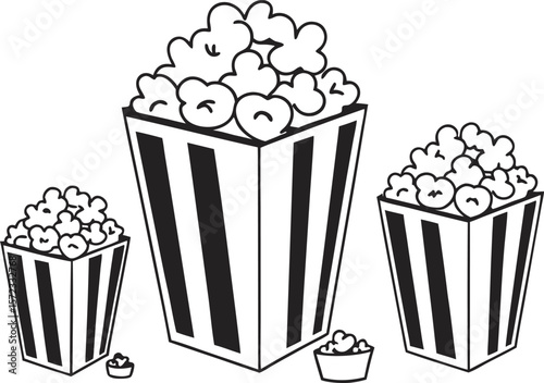 Vector art of three boxes of popcorn in black and white for a movie night