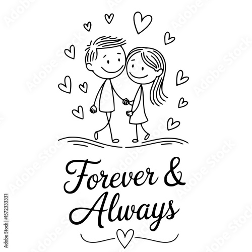 Forever and Always: Charming black and white line illustration shows a loving couple strolling amidst hearts, conveying enduring affection and romance.