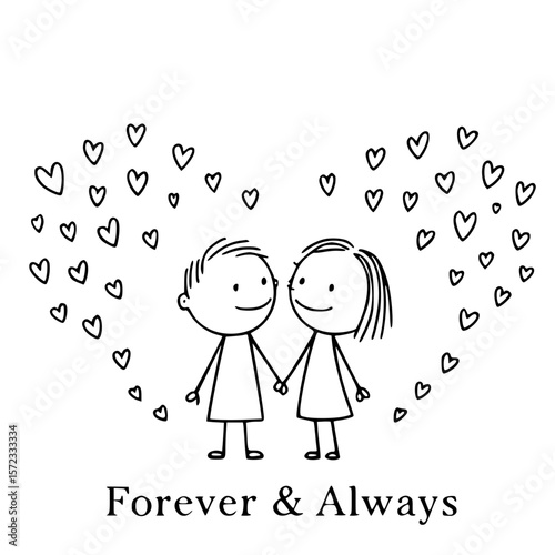Eternal Affection: A heartwarming illustration of two stick figures, holding hands amidst a heart-shaped cloud of tiny hearts, with the words Forever & Always gracefully inscribed below.