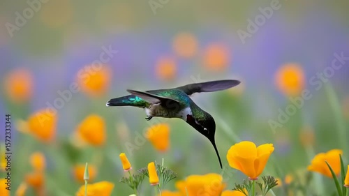 Hummingbird in flight amidst wildflowers