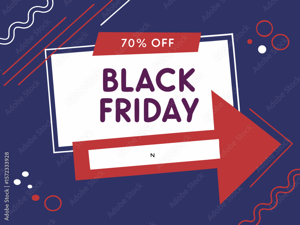 Fototapeta premium Modern Black Friday Sale Advertisement with 70 Percent Off and Arrow Design on a Dark Blue Background