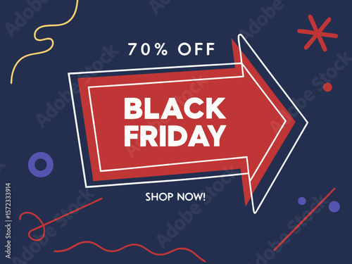 Black Friday Sale Advertisement with 70 Percent Off and a Red Arrow on a Dark Blue Background