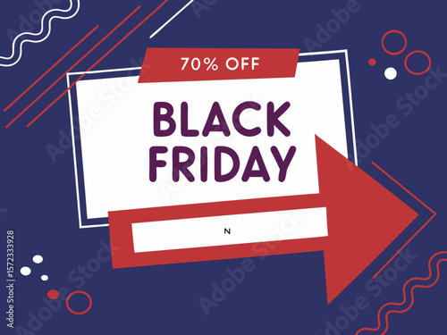 Modern Black Friday Sale Advertisement with 70 Percent Off and Arrow Design on a Dark Blue Background