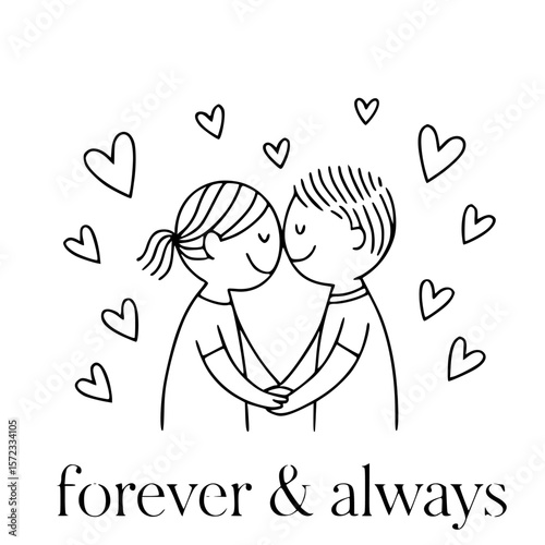 Eternal Union of Hearts: Two figures embrace in a touching artistic representation, surrounded by floating hearts and the timeless phrase forever & always, embodying everlasting affection. 