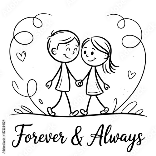 Eternal Affection: A hand-drawn illustration captures the essence of everlasting love, as a couple strolls hand-in-hand, their bond embraced by a heart-shaped design.