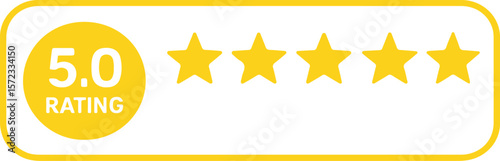 Flat 5.0 Star Rating Badge Icon – Yellow Stars on White Background Vector for Customer Reviews, Feedback, Product Ranking, and Business Ratings