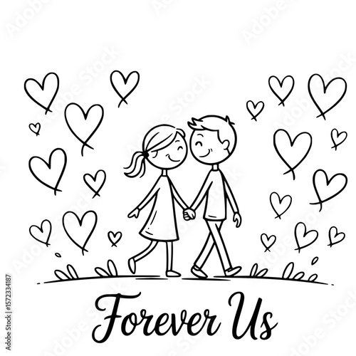 Forever Us: Two figures, hand in hand, stroll amidst a blossoming of love and shared joy, beautifully illustrated against a background of blossoming hearts, representing their journey together.