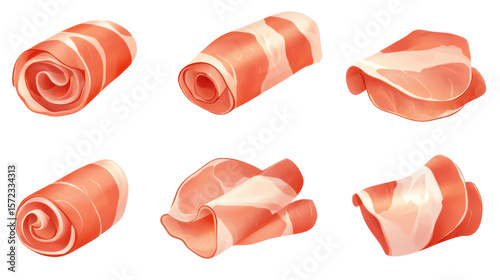 Slices of prosciutto ham rolled and arranged for gourmet presentation isolated on white background
