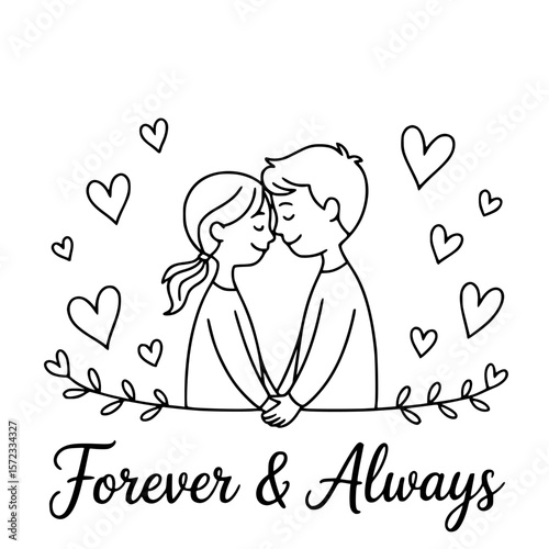 Eternal Bond: A touching illustration showcases a couple, their foreheads gently touching, surrounded by delicate hearts and floral accents, symbolizing everlasting love and commitment.