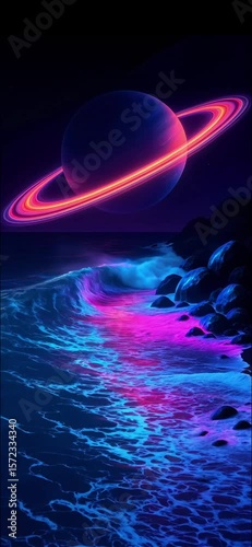 Neon ringed planet over the sea