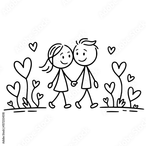 Joyful Couple in Love: A pair of charming stick figures stroll hand-in-hand through a whimsical meadow, surrounded by hearts, embodying love and happiness in this heartwarming sketch.