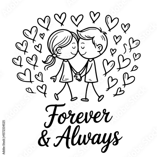 Forever and Always: An illustration of a couple surrounded by hearts. Capturing the message of enduring love and commitment.