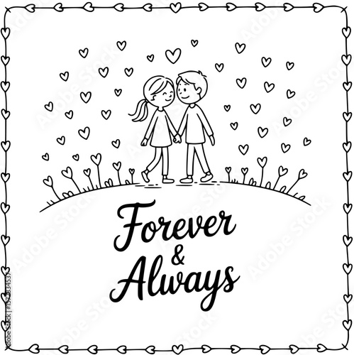 Forever & Always: An artistic rendering of a couple holding hands, framed by heart motifs, beautifully illustrates eternal affection and love.